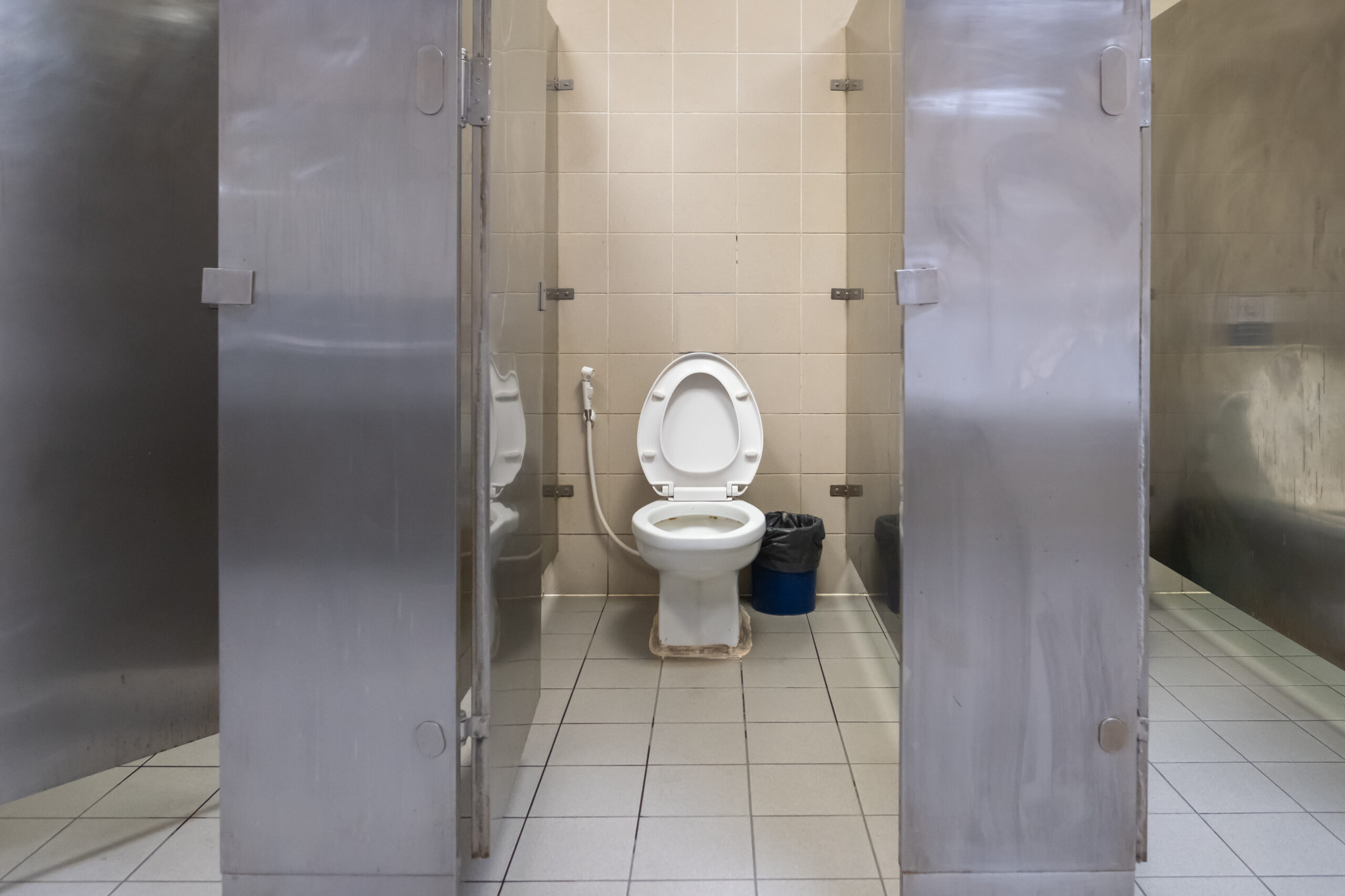 A 2 stall restroom layout includes two enclosed toilet compartments within a shared space, as displayed in this stainless steel toilet cubicle image.