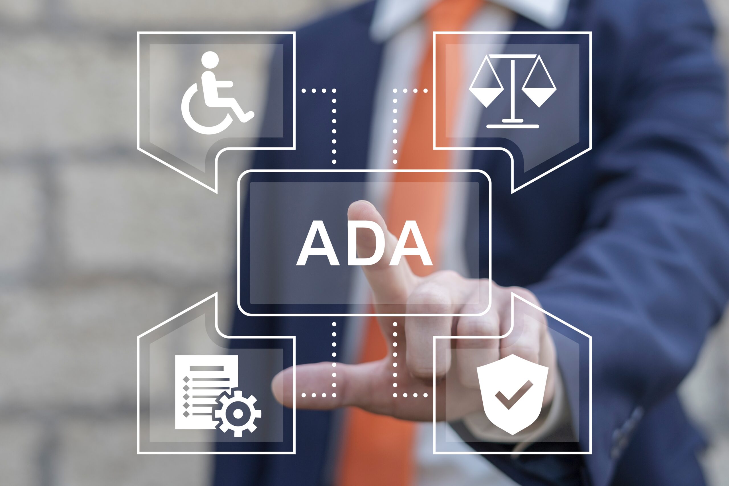 Your business cannot afford to ignore ADA compliant bathroom layout legalities, as illustrated by this Americans with Disabilities Act business decision image with a business professional choosing compliance over non-compliance.