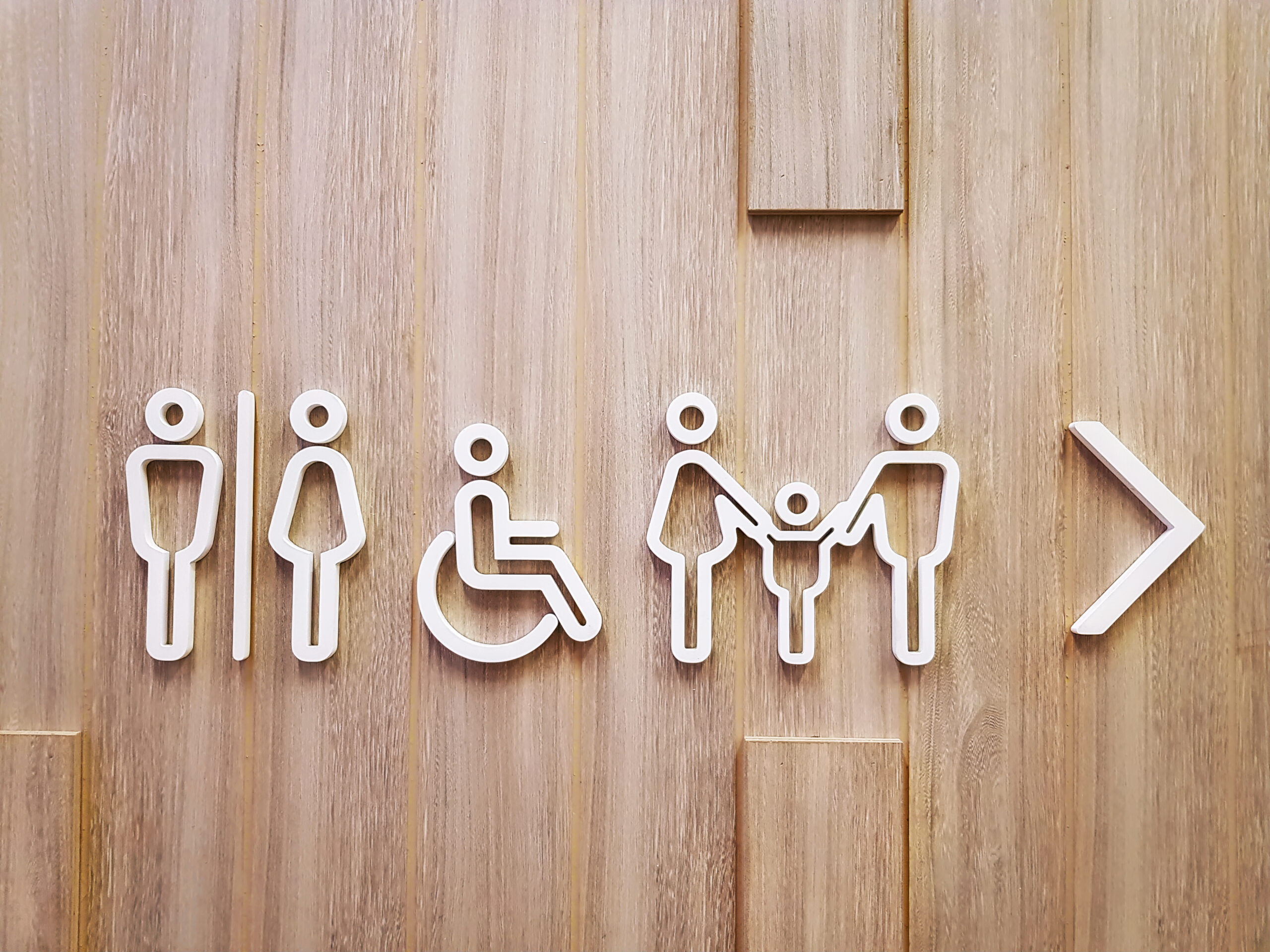 An ADA unisex bathroom layout supports privacy, safety, and accessibility for all users, as illustrated by this unisex sign on the outside of a public restroom.