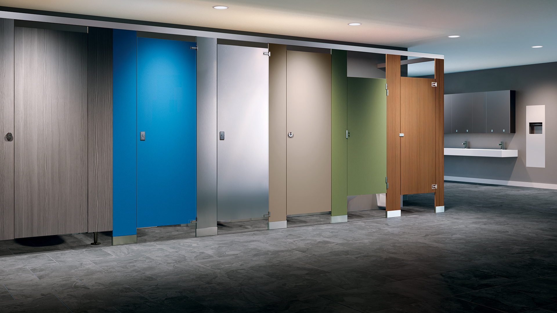 A brand new public bathroom stall layout.